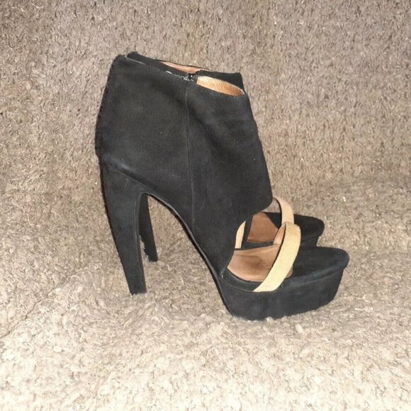 JEFFREY CAMPBELL-Black Suede/Tan Strap-Curved Stiletto-Open Toe Bootie-Zip-Sz 37 - Picture 4 of 7